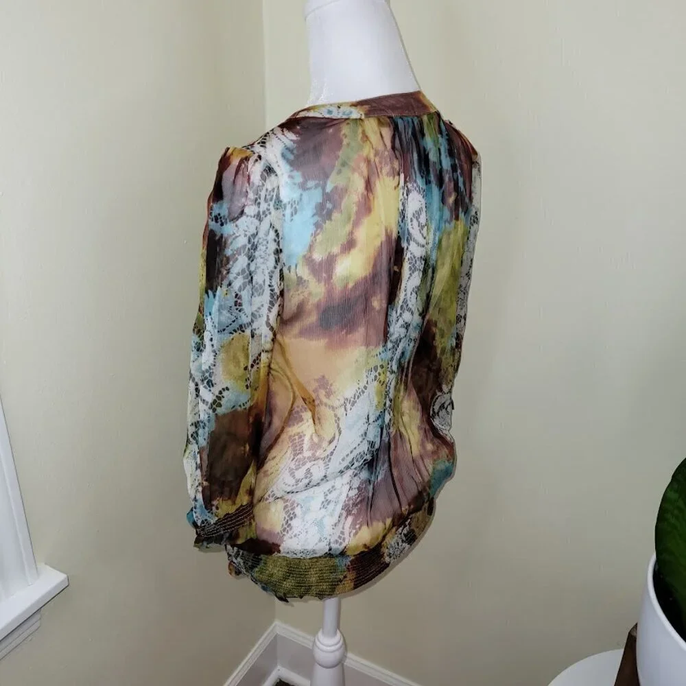 Everest Apparel 100% Silk Blouse Sheer Multicolored Elastic Waist Top Size S - Picture 5 of 14